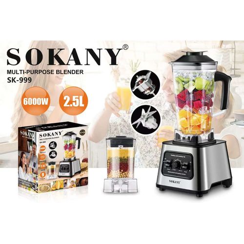 خلاط كهربائي قوي Sokany SK-999N – سعة 2.5 لتر و 6000 وات 🔥 خلاط منزلي عالي الأداء بقدرة 6000 وات لتكسير المكونات الصعبة مثل الثلج والفواكه القاسية بسهولة وسرعة.